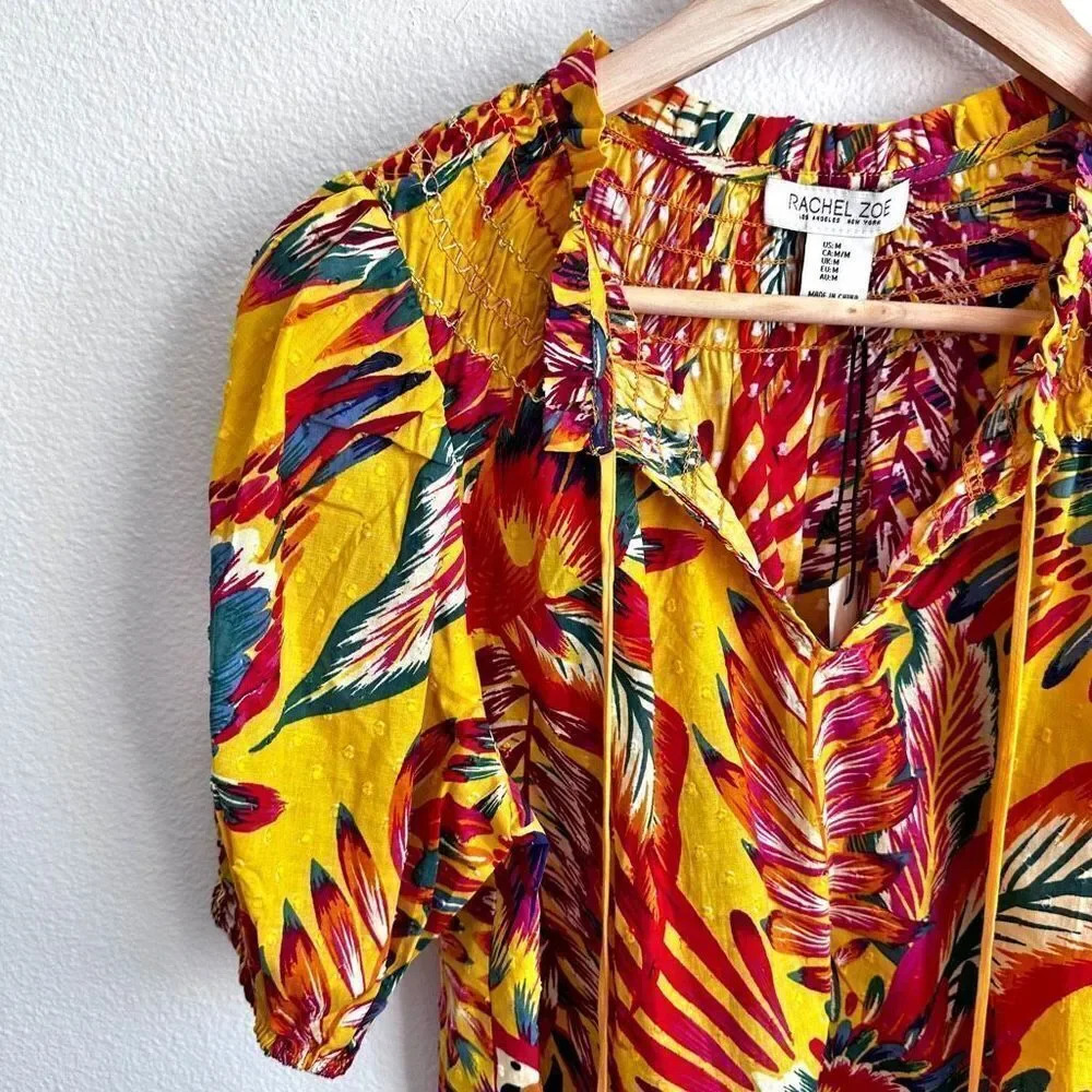 RACHEL ZOE | Bright Tropical Floral Bird‎ Print Beaded Tassel Blouse | Medium